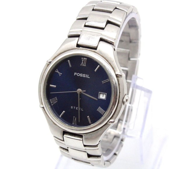 Vintage Fossil Steel Watch Mens Blue Dial Date Analog 36mm FS2701 Stainless Stee - Picture 4 of 8